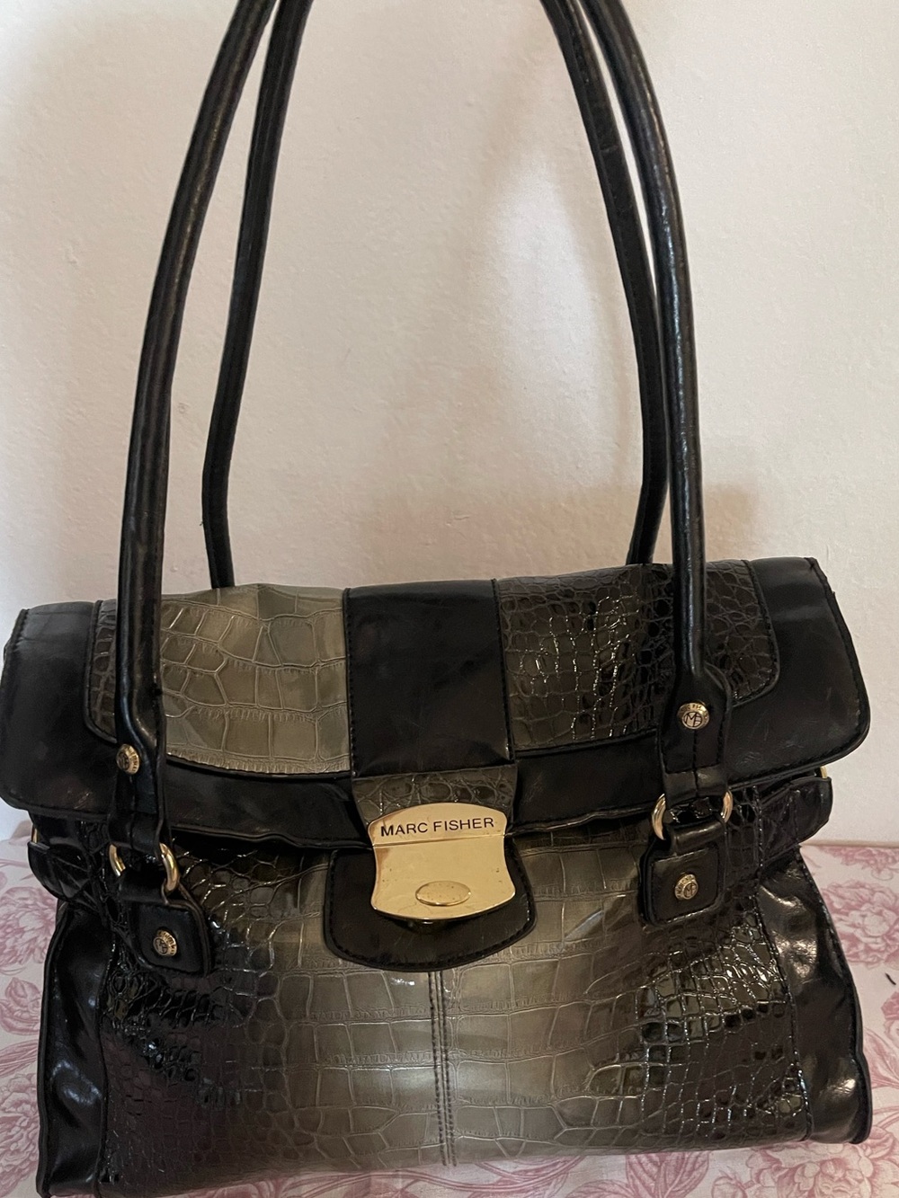Marc Fisher Two-Tone Black and Gray Croc-Embossed Shoulder Satchel